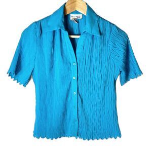 Vintage 90s Rene Margo Turquoise Blue Crinkle Pleated SS Button Down Top Size S